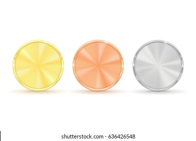 Set of  coins - gold, silver, bronze. Vector 3d illustration isolated on white background