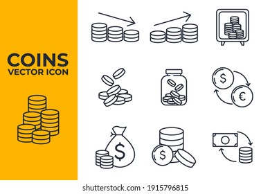 Icono Juego de monedas. moneda de dinero modelo de símbolo de paquete de monedas de empresa modelo de colección de diseños gráficos y web ilustración vectorial