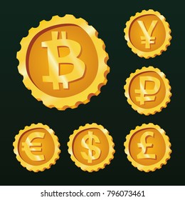 Set of coins with images of currencies of different countries: a dollar, euro, pound sterling, Yen, ruble, bitcoin