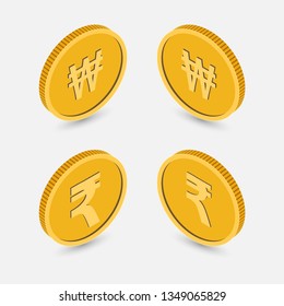 A set of coins in isometric, 3D style isolated on a white background. Symbols of world currencies won, rupee. Vector graphics.