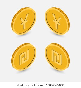 A set of coins in isometric, 3D style isolated on a white background. Symbols of world currencies yuan, sheqel. Vector graphics.