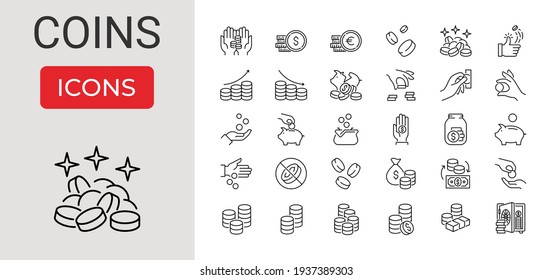 Set of Coins Related Vector Line Icons. Contains such Icons as Coins Stack, Donation, Tips Jar, Piggy Bank, Coin Toss, Exchange Money, Saving, Banknote Stack, Euro and Dollar Sign. Editable Stroke. svg