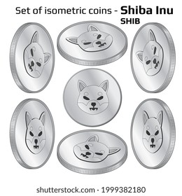 Set of coins Shiba Inu SHIB in isometric view in black and white isolated on white. Vector illustration.