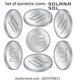 Set of coins Solana SOL in isometric view in black and white isolated on white. Vector illustration.