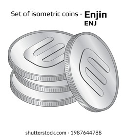 Set of coins in stack Enjin ENJ in isometric view in black and white isolated on white. Vector illustration.