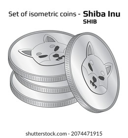 Set of coins in stack Shiba Inu SHIB in isometric view in black and white isolated on white. Vector illustration.