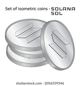 Set of coins in stack Solana SOL in isometric view in black and white isolated on white. Vector illustration.