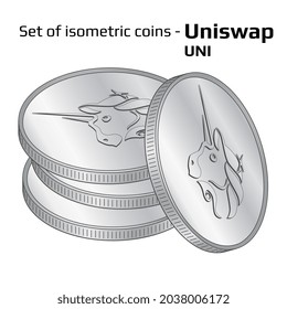 Set of coins in stack Uniswap UNI in isometric view in black and white isolated on white. Vector illustration.