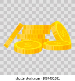 Set coins stack vector illustration, icon flat finance heap, dollar coin pile. Golden money standing on stacked, gold piece on transparent background - flat style.