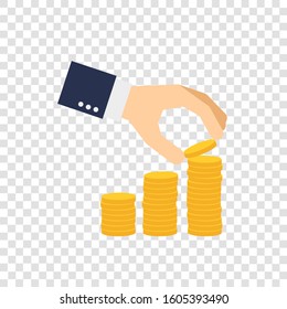 Set coins stack vector illustration, icon flat finance heap, dollar coin pile. Golden money standing on stacked, gold piece on transparent background - flat style