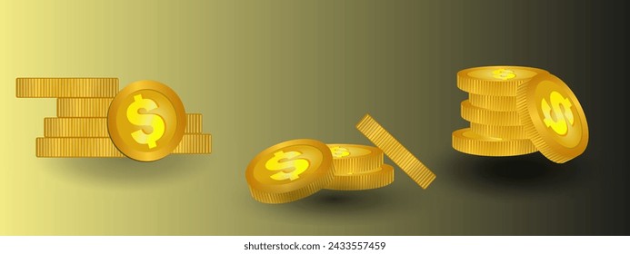Set of coins stack vector illustration, finance flat pile icon, pile of dollar coins. Gold money stacked on top of each other, golden piece isolated on white background - flat style