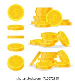 Set Coins Stack Vector Illustration, Icon Flat Finance Heap, Dollar Coin Pile. Golden Money Standing On Stacked, Gold Piece Isolated On White Background - Flat Style