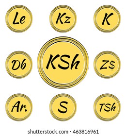 Set of Coins with Symbols of 9 African  Currencies. Hand Drawn Coins. Vector EPS 10