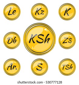 Set of Coins with Symbols of 9 African  Currencies. Flat Style Coins with Hotspots. Vector EPS 10