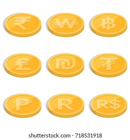 Set of coins symbols of currencies of the countries of the world on the isolated white background.Signs rupee, baht, lira, shekel, dollar, tugrik, peso, rand,won.Coins in isometric, 3D style.Vector