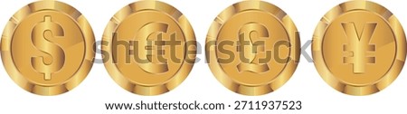 set of coins with symbols denoting different world currencies with a gold gradient, for slots in gambling games, banks or thematic designs