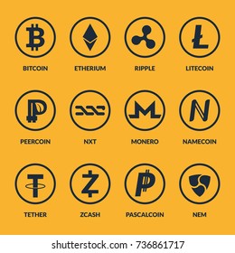 Set Of Coins With Symbols And Signs Of Popular Crypto Currency In The Flat Style. Mining Of Virtual Money. Vector Icons. Bitcoin.