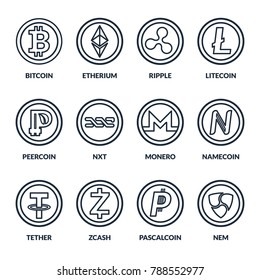 Set Of Coins With Symbols And Signs Of Popular Crypto Currency In The Flat Style. Mining Of Virtual Money. Vector Outline Icons. Bitcoin.