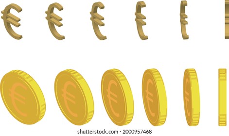 A set of coins of various angles that can be used in the business scene and isometric style illustration material of the Euro mark