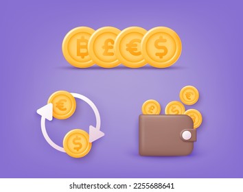 Set of coins, wallet. Business and finance, saving money theme. 3D Vector Illustrations.