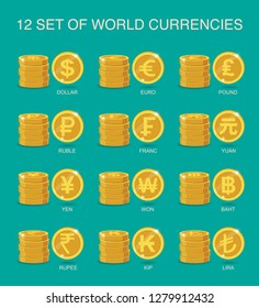 set of coins world currency.  Flat Vector Illustration