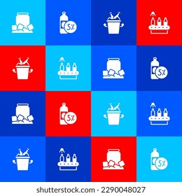 Set Cold beer can, Beer bottle, bottles in ice bucket and Conveyor band, icon. Vector