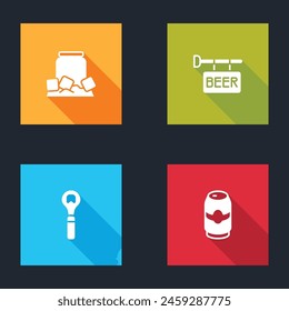 Set Cold beer can, Street signboard with Beer, Bottle opener and  icon. Vector