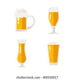 Set Of Cold Beer Icons. Vector Flat Illustration Isolated On White Background.