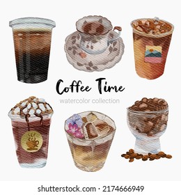 Set of cold Beverages for Cafeteria and restaurant Menu in glass and plastic cup. Non-alcoholic beverages. Healthy lifestyles.