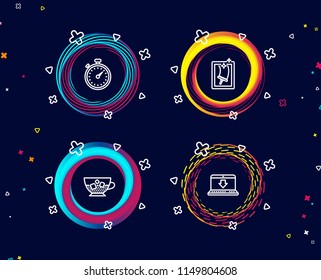 Set of Cold coffee, Timer and Window cleaning icons. Internet downloading sign. Ice cubes in beverage, Stopwatch gadget, Housekeeping service. Load data.  Circle banners with line icons. Vector
