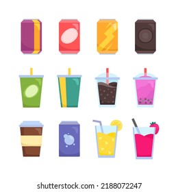 set cold drinks cola cans and fresh plastic bottles vector illustration