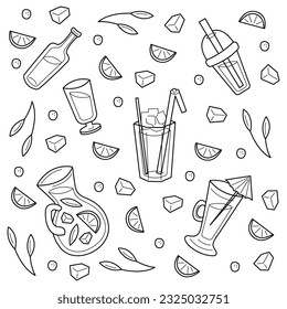 Set with cold drinks in different containers. Doodle black and white vector illustration.