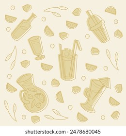 Set with cold drinks in different containers. Doodles clip art in pastel colors.