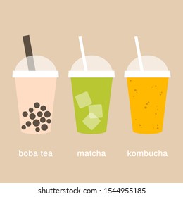 A set of cold drinks to go - boba tea, iced matcha latte and kombucha - millennial trends in food