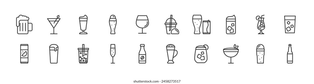 set of cold drinks icon, sparkling water, iced coffee