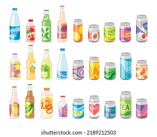 Set of Cold drinks. Lemonade, soda water, fruit cocktail and beverages with bubbles. Delicious sweet juices in aluminum cans and glass bottles. Cartoon flat vector collection isolated on white