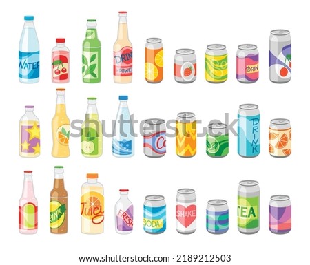 Set of Cold drinks. Lemonade, soda water, fruit cocktail and beverages with bubbles. Delicious sweet juices in aluminum cans and glass bottles. Cartoon flat vector collection isolated on white