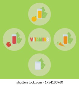 set of cold fresh juices lettuce/salad leaves are behind and fruits/vegetables are bellow, created in flat green cicle icon