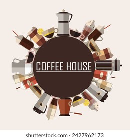 Set of cold and hot coffee drinks. Collection of various cups and equipments. Coffee house round composition. Flat vector icon illustration isolated