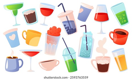 Set of cold and hot drinks. Glasses and mugs with carbonated water, sweet carbonated drinks, fruit cocktails, juices, lemonades in glass and plastic cups, wine, bubble tea, drinks on take away concept