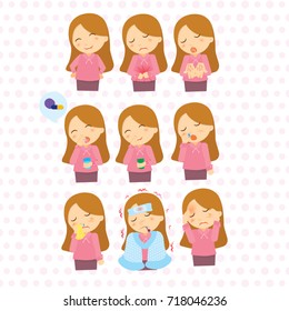Set of cold, influenza and sickness symptom. Girl patient character with sign and symptom when get sick. Vector cartoon.