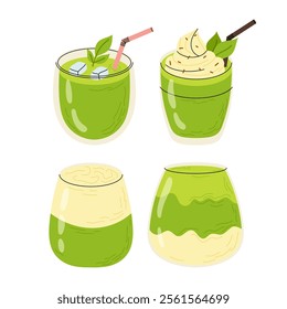 Set of cold matcha cocktails, green tea, matcha coffee. Refreshing summer drinks. Flat illustration on white background.