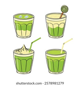 Set of cold matcha cocktails, green tea, matcha coffee. Refreshing summer drinks. Flat illustration on white background.