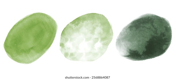 Set of cold moss tone watercolor hand painted round shapes, stains, circles, blobs isolated on white. Elements for artistic design