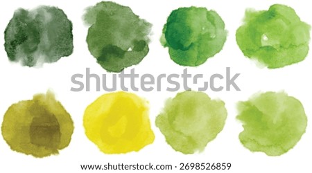 Set of cold moss tone watercolor hand painted round shapes, stains, circles, blobs isolated on white. Elements for artistic design