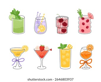 Conjunto de bebidas frias de verão. Bebidas doces para refrescar. Limão, toranja, laranja, limão, cereja, hortelã, alecrim, morango, oxicoco, coquetéis de lavanda. Ilustração isolada de vetor plano