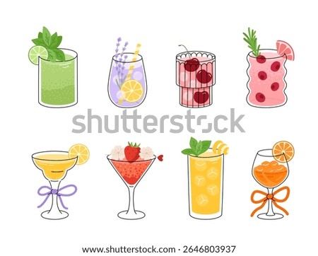 Set of cold sumemr drinks. Sweet refreshment beverages. Lemon, grapefruit, orange, lime, cherry, mint, rosemary, strawberry, cranberry, lavender cocktails. Isolated flat vector illustration