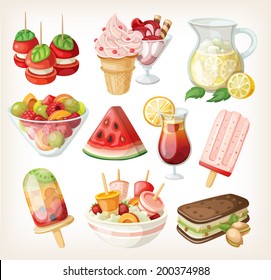 Set of cold sweet summer food and snacks