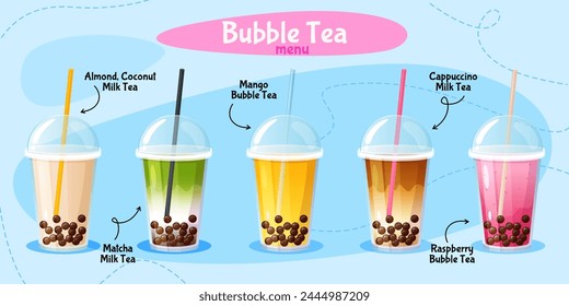 Set of cold tea and coffee with bubbles in takeaway plastic cup with lid and straw.
