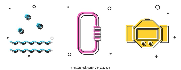 Set Cold and waves, Carabiner and Diving watch icon. Vector